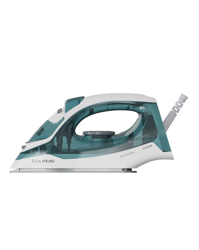 Taurus steam iron for household use, showing the sleek design and water tank in a close-up image.