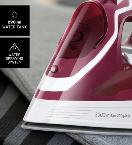 Taurus 918979000 steam iron with 3000W power, white and blue design, showing the iron's soleplate and water tank.