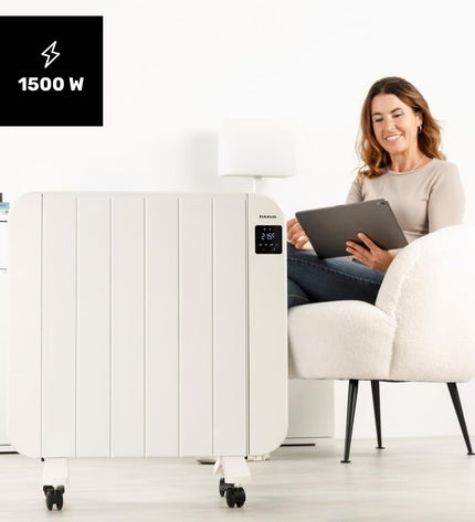 Taurus Persia1500 digital heater in white, 1500W portable home heating and cooling device with digital controls.