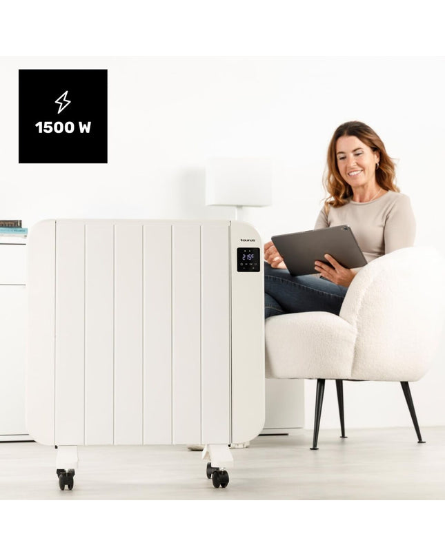 Taurus Persia1500 digital heater in white, 1500W portable home heating and cooling device with digital controls.