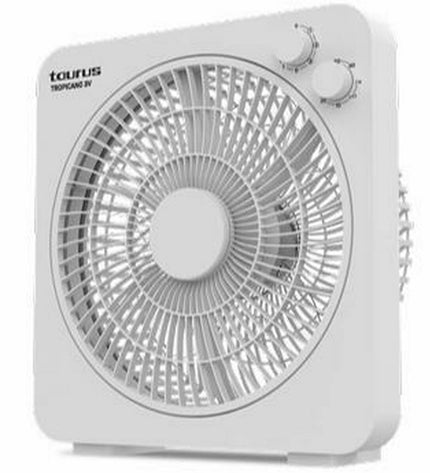 Portable Taurus Tropicano 3V white table fan with 35W power, suitable for home cooling and air circulation.