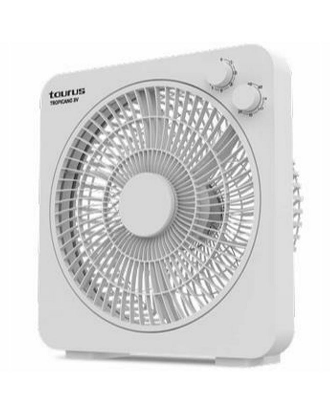 Portable Taurus Tropicano 3V white table fan with 35W power, suitable for home cooling and air circulation.