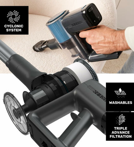 Taurus Steelstofzuiger vacuum cleaner in a modern home, showcasing its sleek design and cleaning attachments for home and kitchen use.