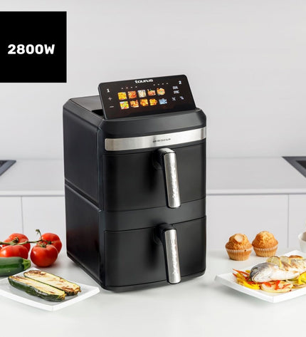Taurus DUO SLIM AF2602 air fryer in black with digital control panel and 13-liter capacity for home cooking.