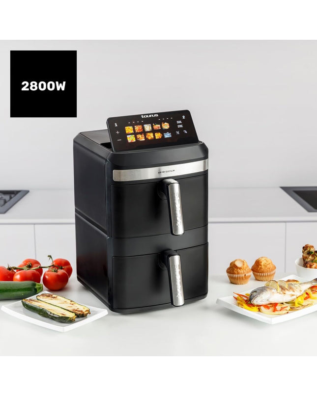 Taurus DUO SLIM AF2602 air fryer in black with digital control panel and 13-liter capacity for home cooking.