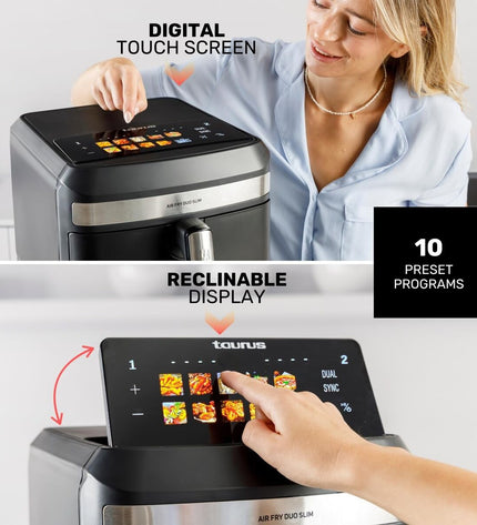 Taurus DUO SLIM AF2602 air fryer with 13L capacity, compact design, black exterior, and digital control panel.