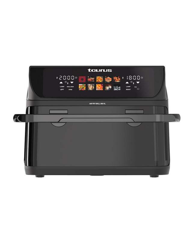 Taurus Luchtfriteuse 973004000, compact air fryer for home cooking, black and silver with digital controls.