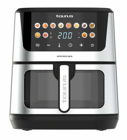 Black Taurus air fryer with 8-liter capacity, 2100W power, compact design for home cooking.