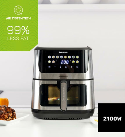 Black Taurus air fryer with 8-liter capacity, 2100W, featuring digital controls and compact design for home cooking.