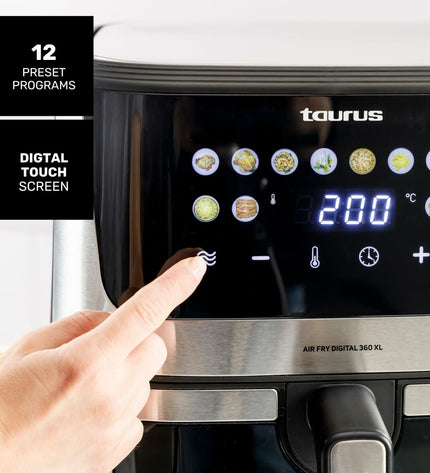 Taurus black 2100W air fryer with 8-liter capacity, compact kitchen appliance for healthy frying and cooking.