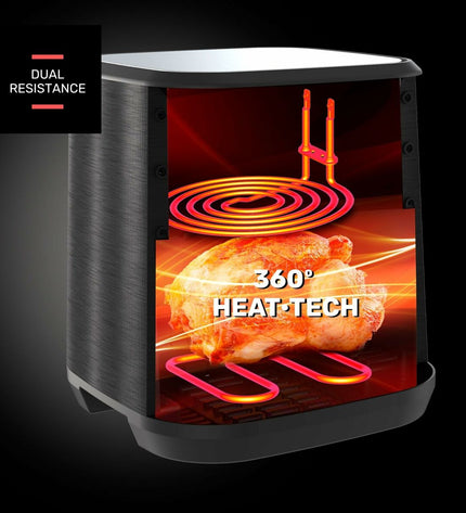 Black Taurus air fryer 2100W with 8-liter capacity, featuring digital controls and compact design for home cooking.