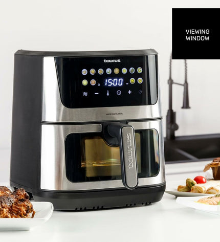 Black Taurus air fryer with 8-liter capacity, 2100W power, compact kitchen appliance for healthy frying.