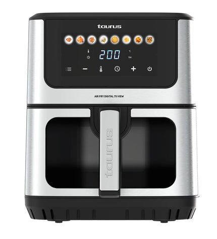 Black Taurus luchtfriteuse for home cooking, compact electric fryer with digital controls and non-stick basket.