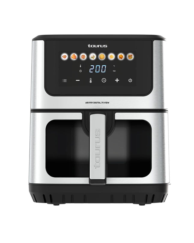 Black Taurus luchtfriteuse for home cooking, compact electric fryer with digital controls and non-stick basket.