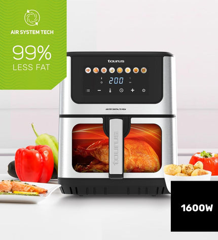 Black Taurus air fryer with digital display, compact design, and control buttons for quick, healthy cooking.