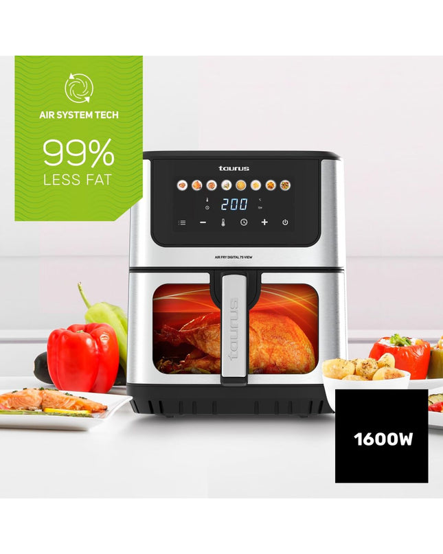 Black Taurus air fryer with digital display, compact design, and control buttons for quick, healthy cooking.
