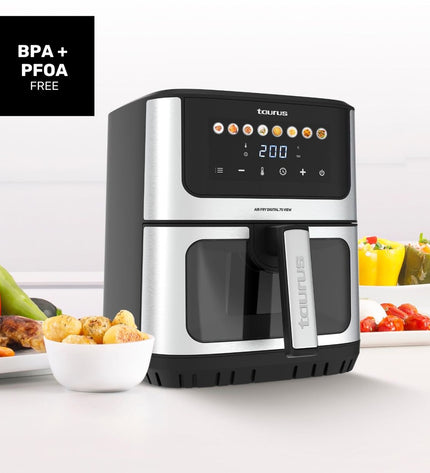 Black Taurus luchtfriteuse for home cooking, compact electric air fryer with digital controls and sleek design.