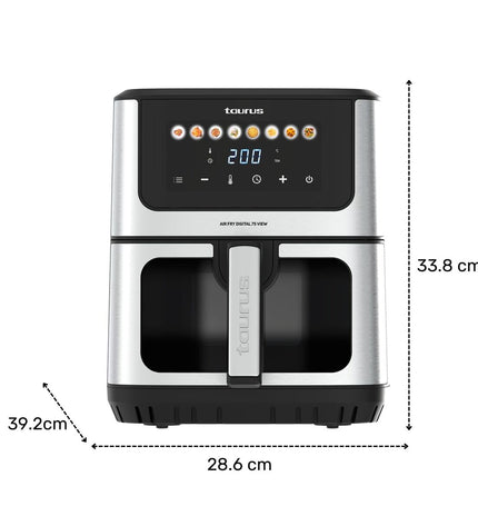 Taurus luchtfriteuse in zwart for quick, healthy frying, compact electric kitchen appliance with digital controls.