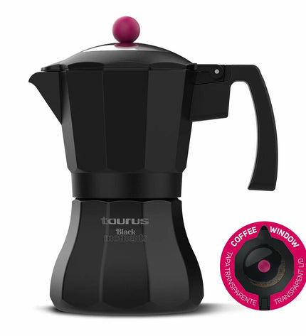 Black Taurus KCP9006I 6-tassige Italiaanse koffiepot in aluminium, ideal for brewing coffee at home.