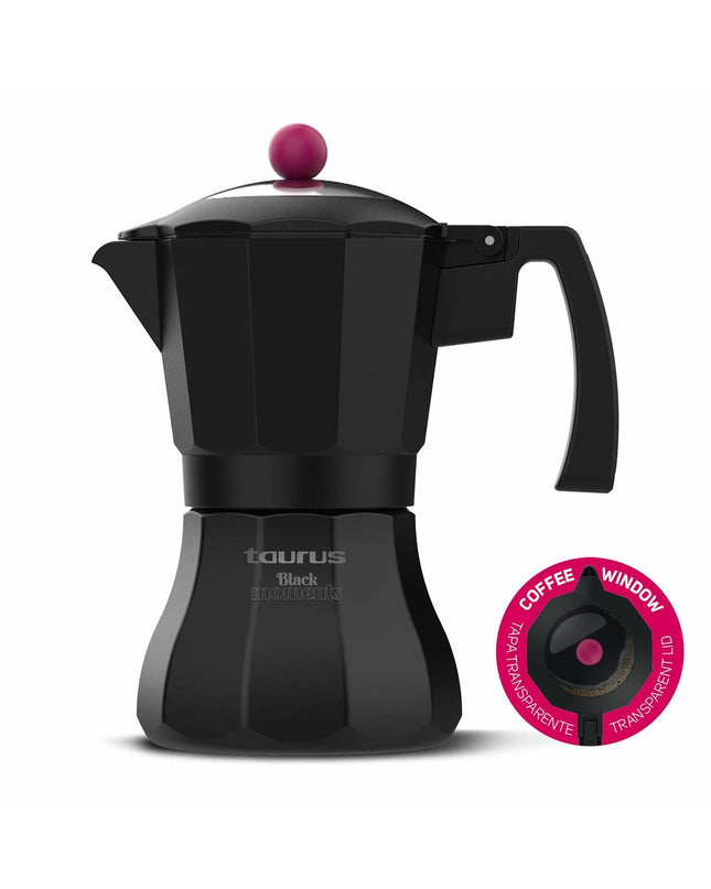 Black Taurus KCP9006I 6-tassige Italiaanse koffiepot in aluminium, ideal for brewing coffee at home.