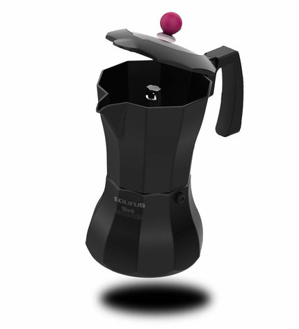 Black Taurus KCP9006I 6-cup Italian coffee pot in aluminum, suitable for brewing traditional espresso-style coffee.