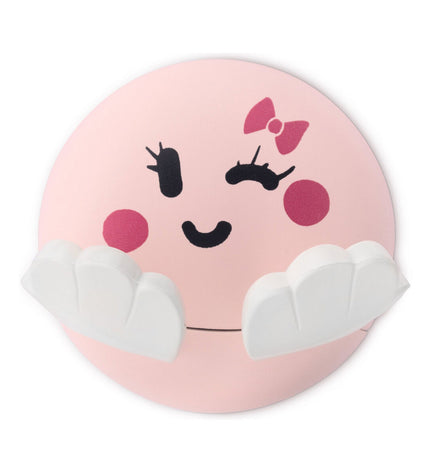 Pink Inofix towel hook for children, wall-mounted bathroom accessory, suitable for hanging towels in a kid’s bathroom.