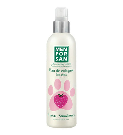 Menforsan cat pet perfume with strawberry scent, displaying a spray bottle and fresh strawberries on a white background.