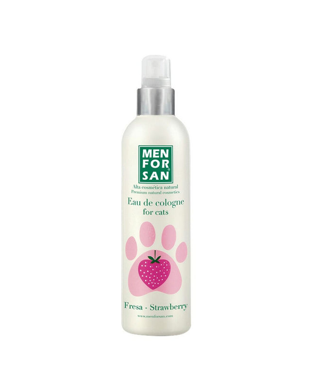 Menforsan cat pet perfume with strawberry scent, displaying a spray bottle and fresh strawberries on a white background.