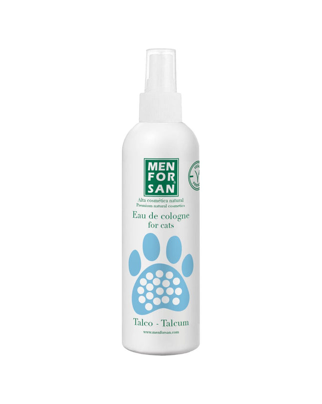 Menforsan dog pet perfume powder in 125 ml container, fresh scent for dogs, with a clean and simple packaging design.