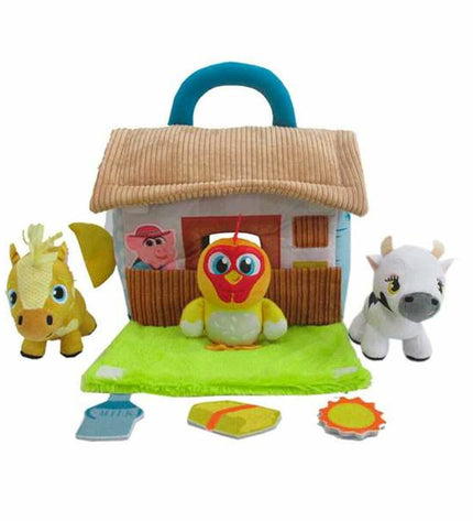 Bandai La Granja de Zenón Playset with farm figures, colorful toys, and accessories, measuring 22.5 x 25 x 21 cm.