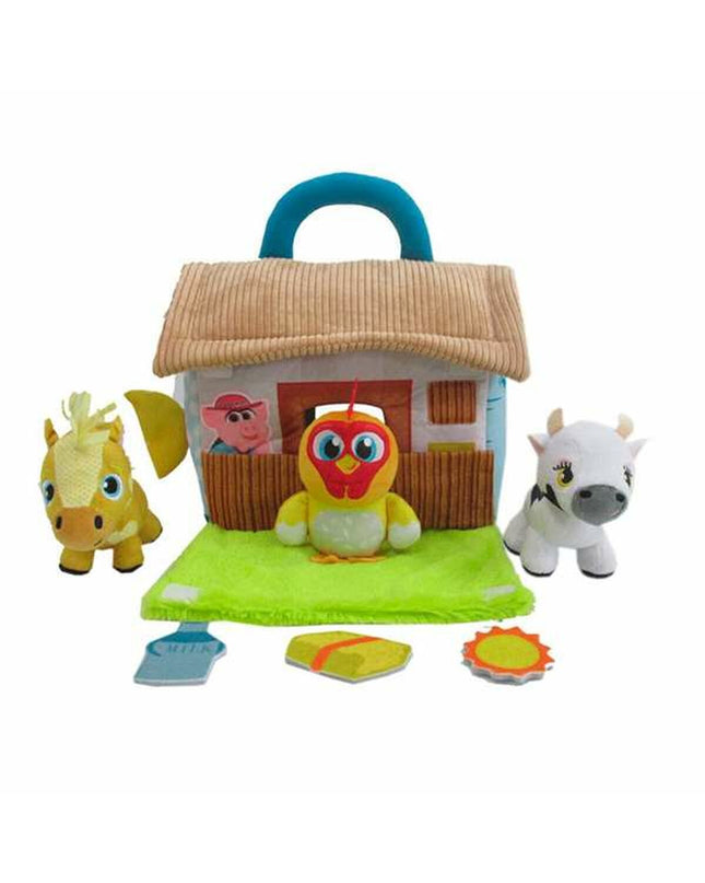 Bandai La Granja de Zenón Playset with farm figures, colorful toys, and accessories, measuring 22.5 x 25 x 21 cm.