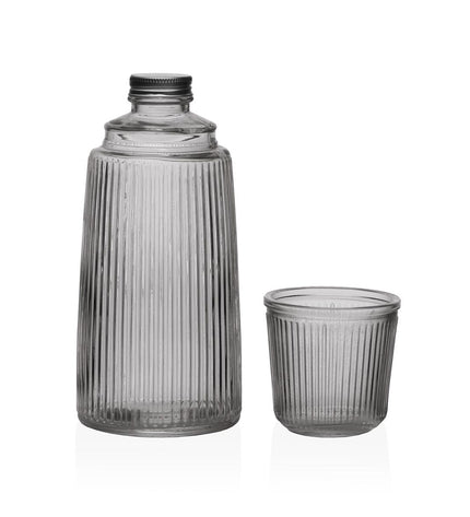 Versa water bottle in black glass and aluminum for outdoor sports and camping, measuring 10.3 x 26 cm.