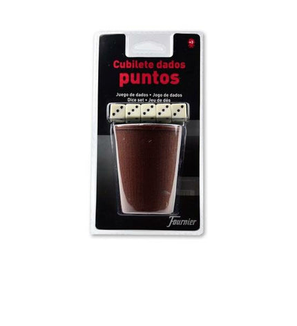 Fournier poker dice cup with colorful plastic dice for gambling games and accessories, gaming fun.