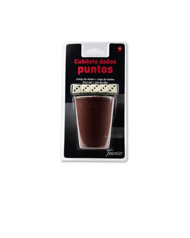Fournier poker dice cup with colorful plastic dice for gambling games and accessories, gaming fun.