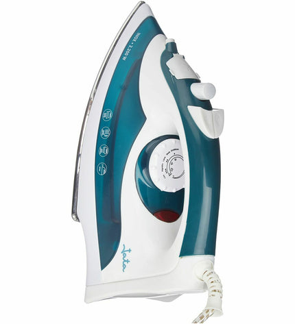 JATA PL120 steam iron with 2200W power, white and gray household appliance for clothes ironing and steaming.