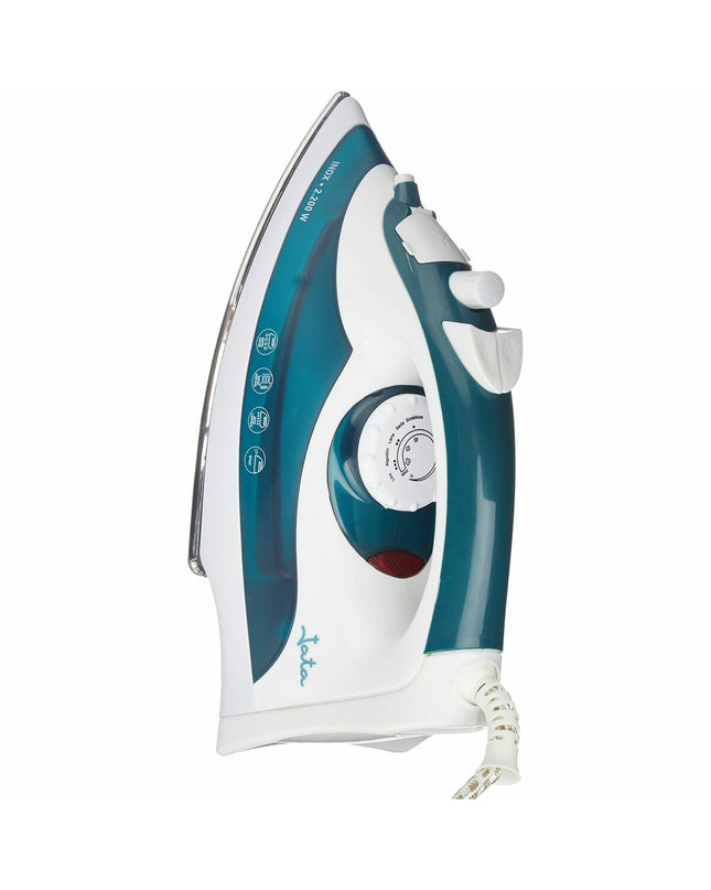 JATA PL120 steam iron with 2200W power, white and gray household appliance for clothes ironing and steaming.