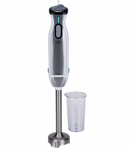 JATA BT185 hand blender with 1000W motor, shown blending ingredients in a kitchen container, compact and ergonomic design.