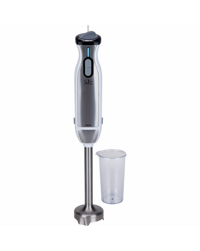 JATA BT185 hand blender with 1000W motor, shown blending ingredients in a kitchen container, compact and ergonomic design.