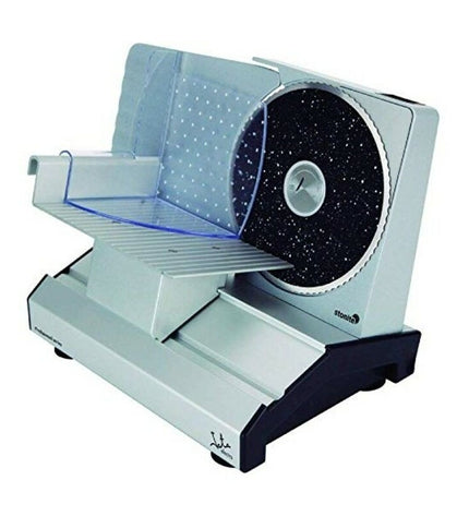 JATA BT265 silver electric slicing machine with 200W power for home cooking, compact kitchen appliance on a countertop.