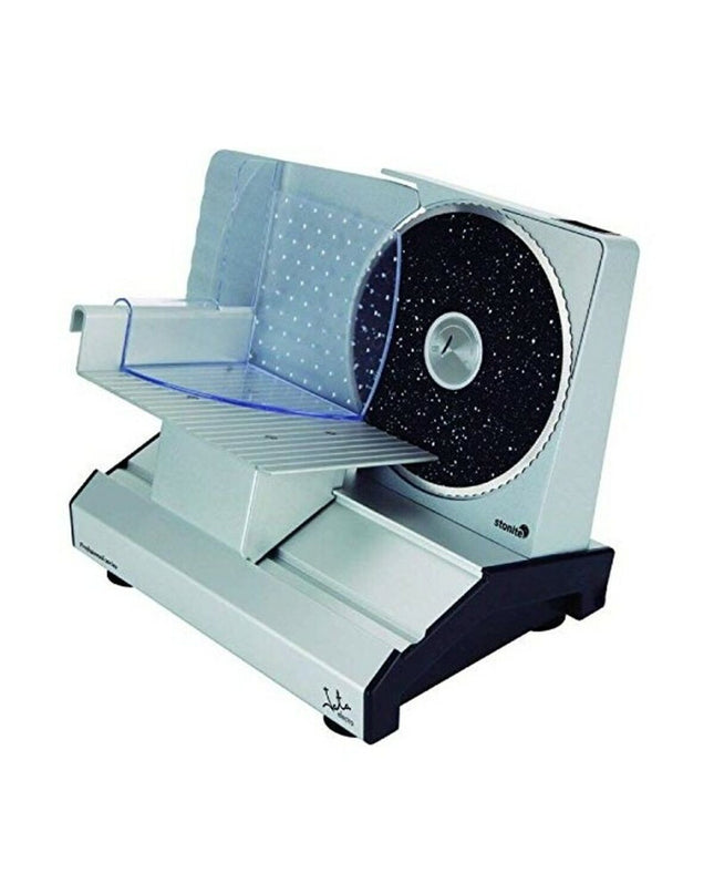 JATA BT265 silver electric slicing machine with 200W power for home cooking, compact kitchen appliance on a countertop.