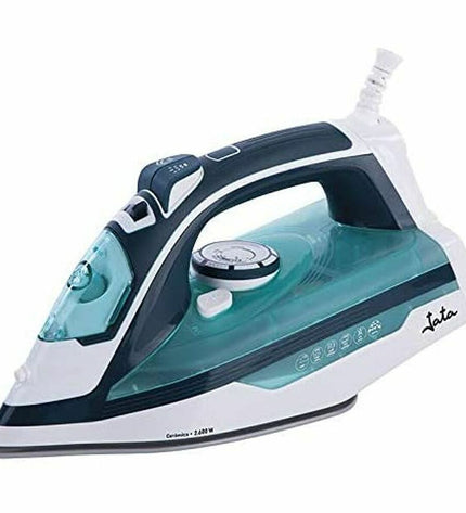 JATA PL1058C steam iron with 2600W power, white and gray design, featuring a water tank and steam control buttons.
