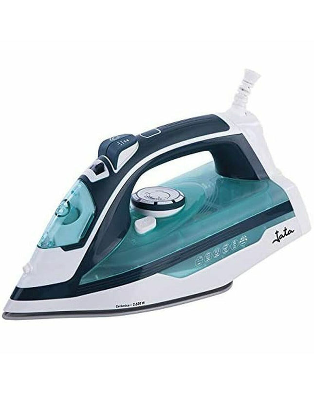 JATA PL1058C steam iron with 2600W power, white and gray design, featuring a water tank and steam control buttons.