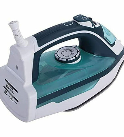 JATA PL1058C steam iron with 2600W power, white and blue color, showing the iron's soleplate and handle in a kitchen setting.