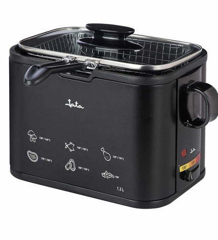 JATA 1000W deep fryer for home cooking with compact electric design and stainless steel basket.