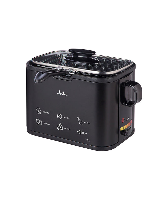 JATA 1000W frituurmachine with compact design, stainless steel finish, and control panel for home cooking and frying.
