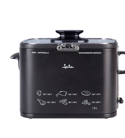 JATA 1000W deep fryer for home cooking, compact electric appliance with stainless steel body and control knob.