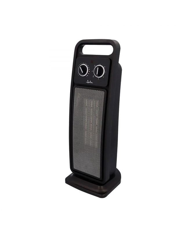 JATA JCTC2101 black portable heater with 2000W power, suited for home heating and cooling, shown in a modern living room setting.