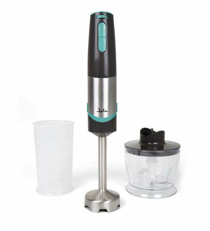 JATA JEBT1790 hand blender in blue and black with 800W power, compact kitchen appliance for cooking and blending tasks.