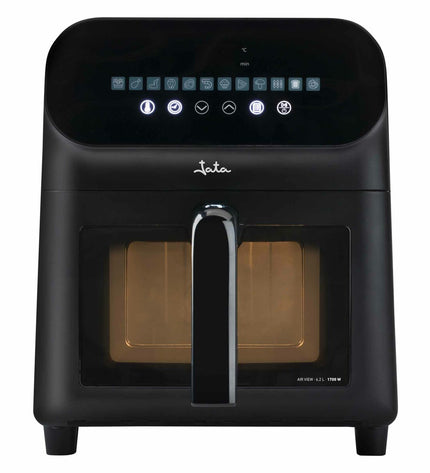 JATA JEF1230 black air fryer with 6.2L capacity and 1700W power, compact small kitchen electric appliance for healthy frying.