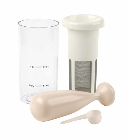 JATA JELV2300 Wit handblender with transparent body, small kitchen appliance, showing blending attachment and control buttons.